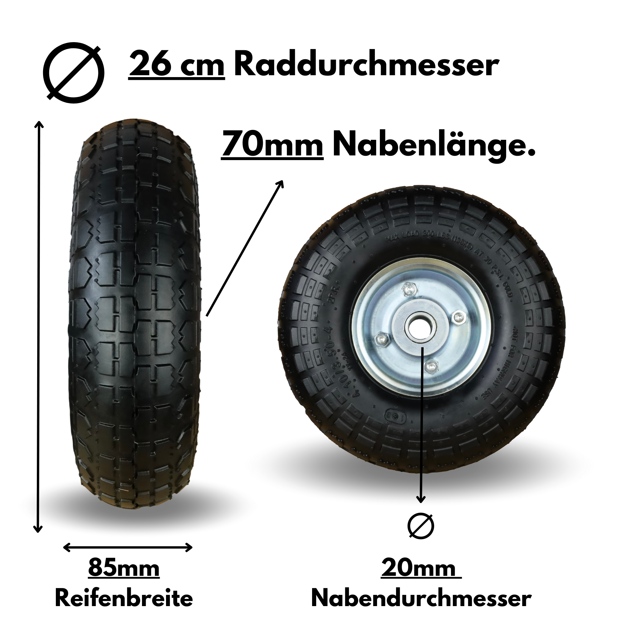 2 x FROSAL Luftrad Stahlfelge Silber | Rad Bollerwagen & Sackkarre | Ersatzrad | 20 mm Achse | Rollenlager 4.10/3.50-4