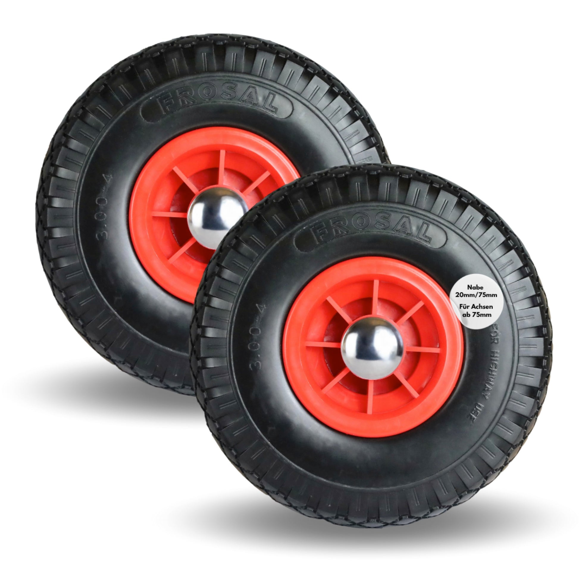 FROSAL PU Ersatzrad mit Radkappe Nabe 20mm/75mm Bollerwagen – Rad und Achsstopfen Sackkarre pannensicher 2 Stück