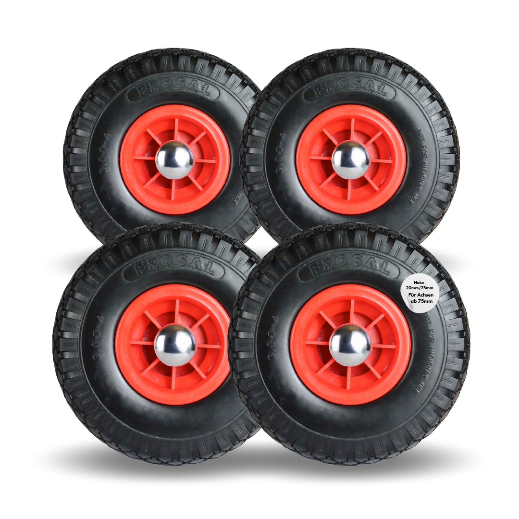 FROSAL PU Ersatzrad mit Radkappe Nabe 20mm/75mm Bollerwagen – Rad und Achsstopfen Sackkarre pannensicher 4 Stück