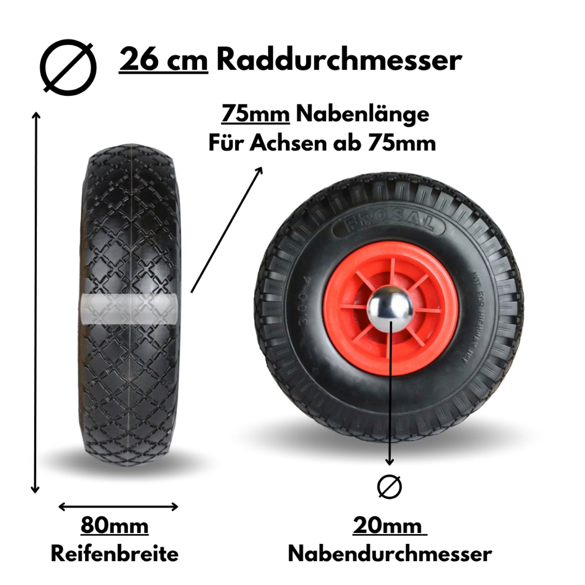 FROSAL PU Ersatzrad mit Radkappe Nabe 20mm/75mm Bollerwagen – Rad und Achsstopfen Sackkarre pannensicher