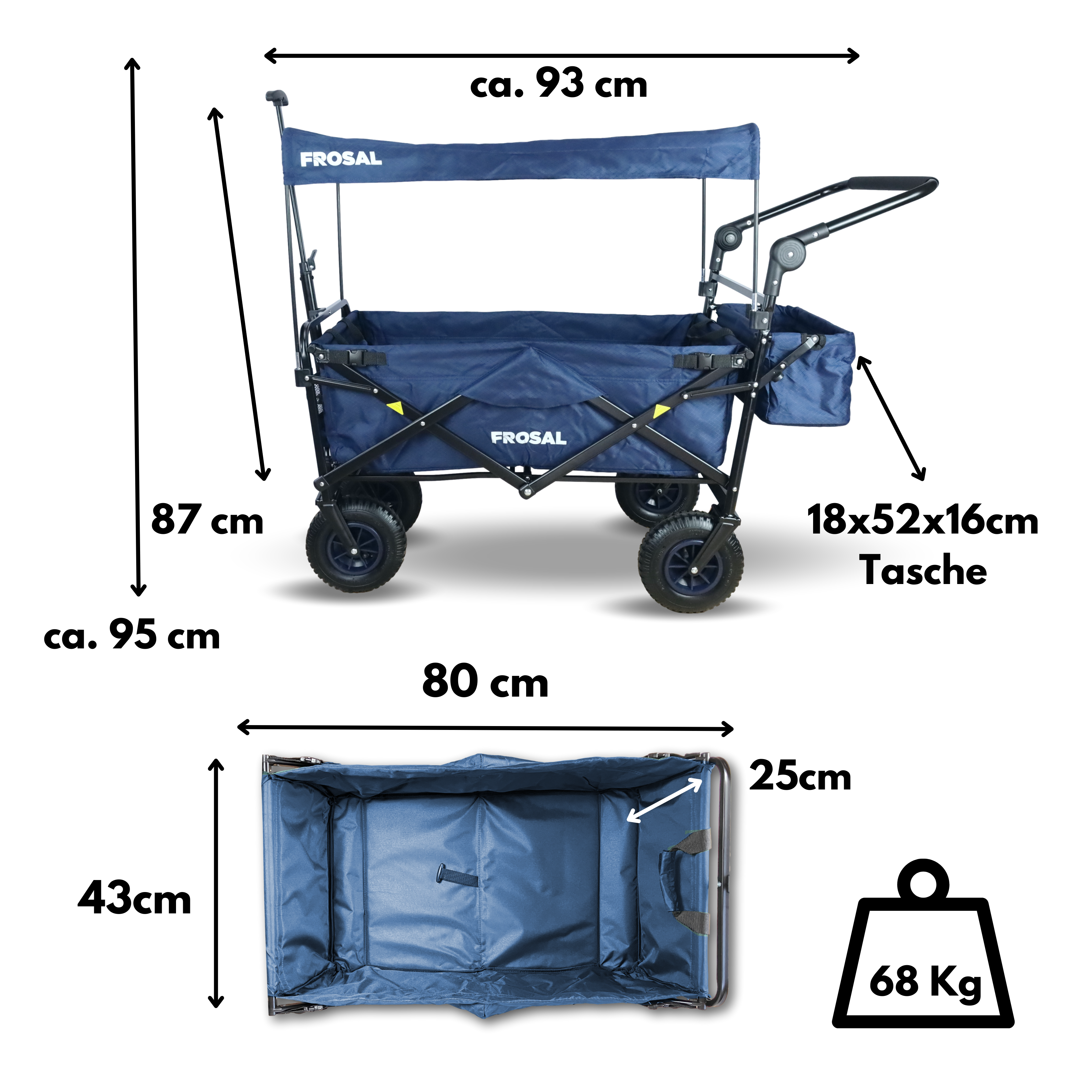 FROSAL Bollerwagen Nick PRO faltbar mit Schiebegriff Dach & Bremse blau