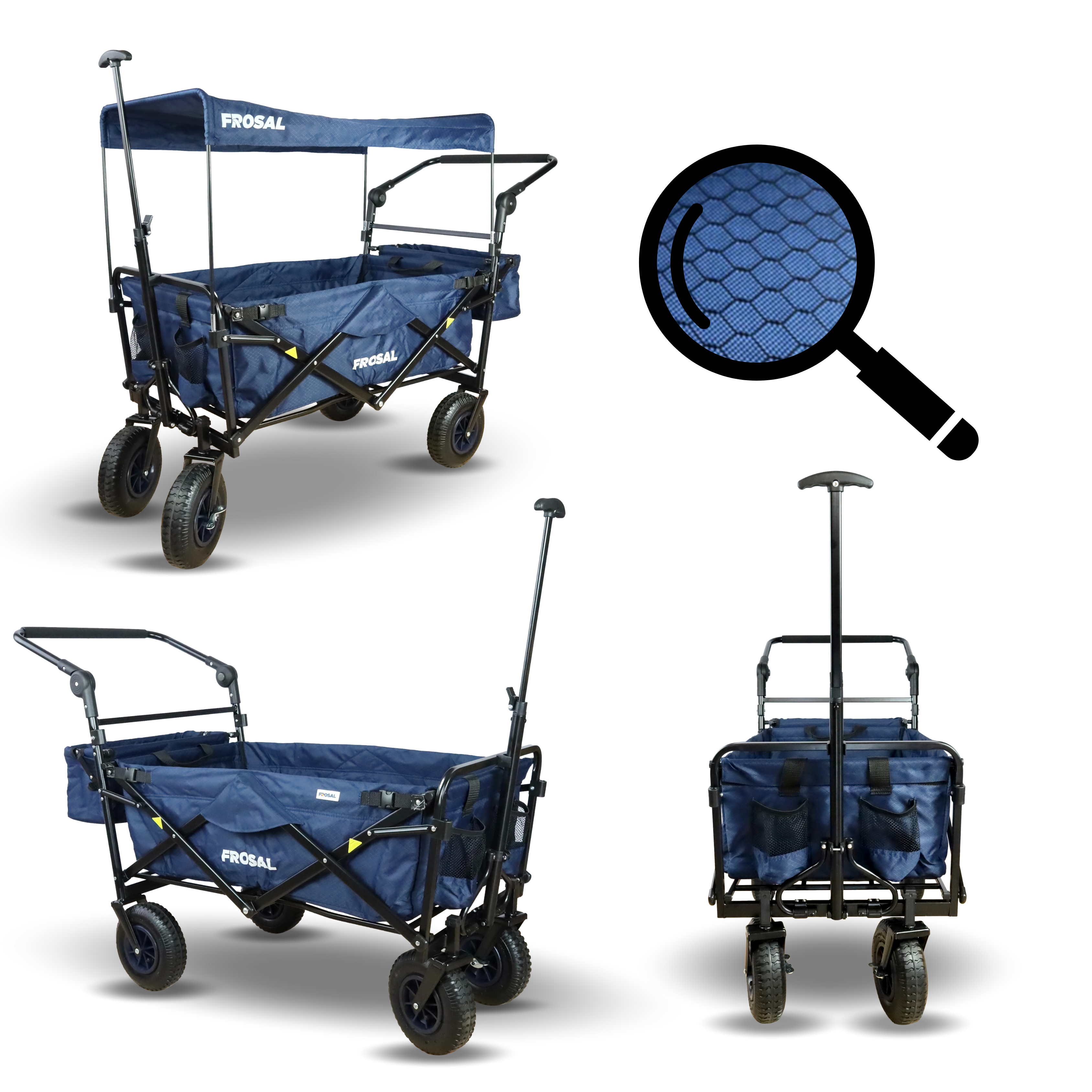 FROSAL Bollerwagen Nick PRO faltbar mit Schiebegriff Dach & Bremse blau