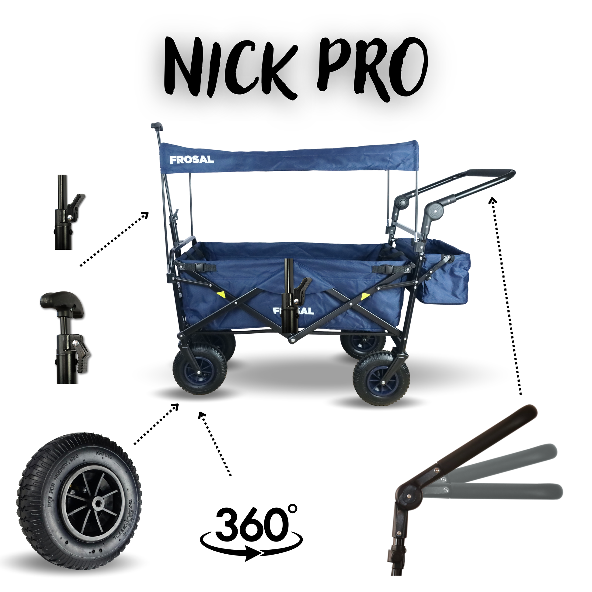 FROSAL Bollerwagen Nick PRO faltbar mit Schiebegriff Dach & Bremse blau