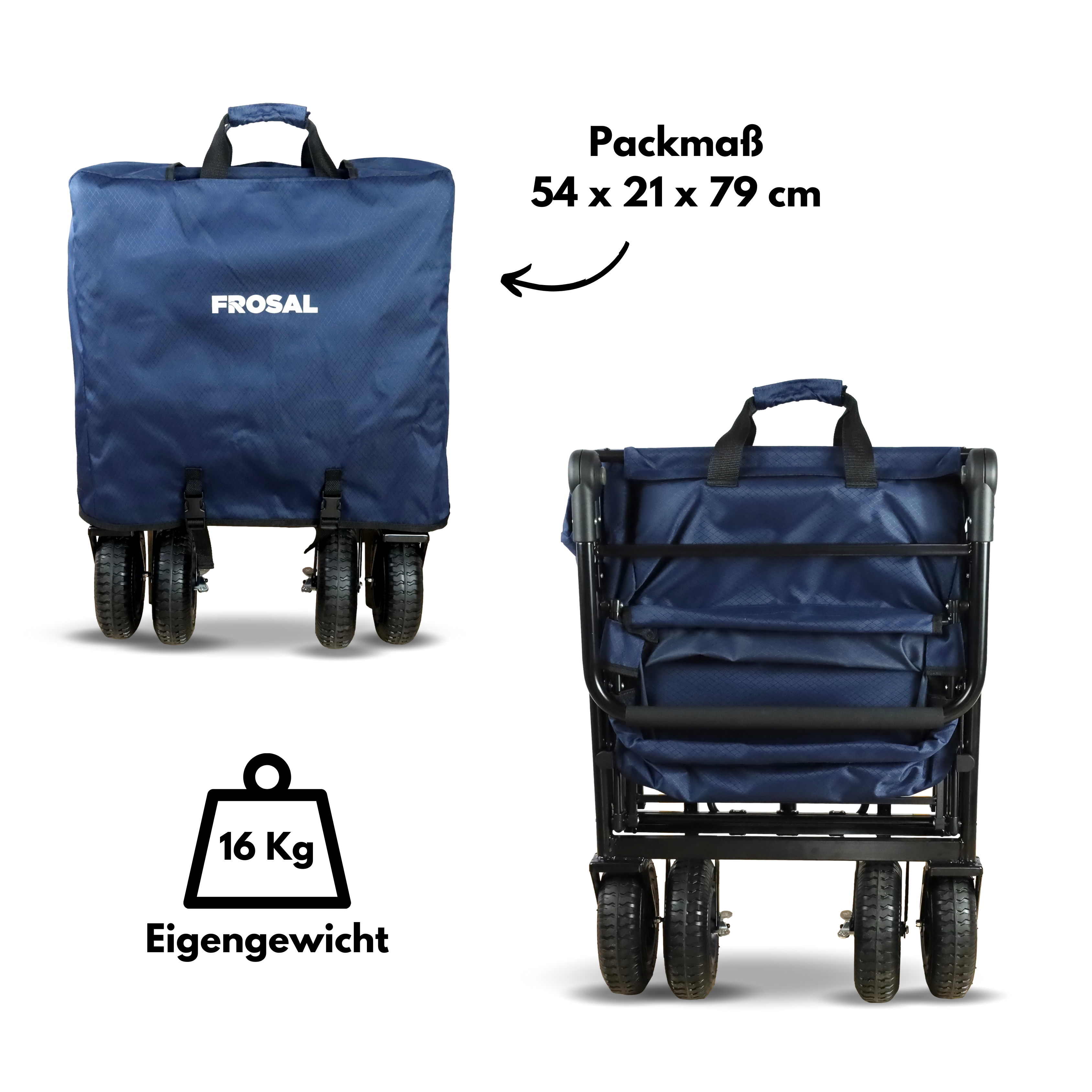 FROSAL Bollerwagen Nick PRO faltbar mit Schiebegriff Dach & Bremse blau