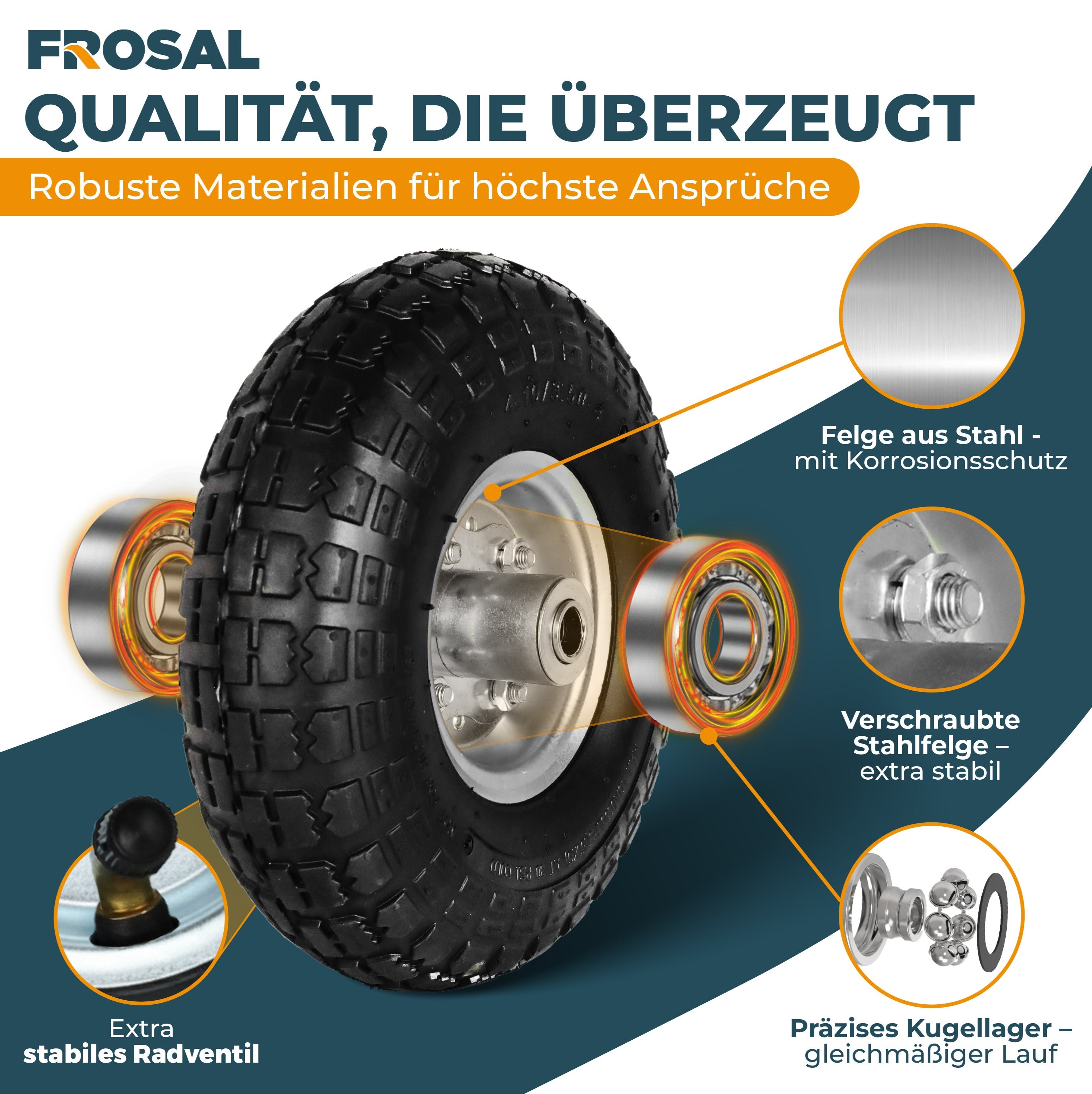 FROSAL Ersatzrad Luftreifen Transportwagen 16 mm Achse Silber 4.10 / 3,50 - 4