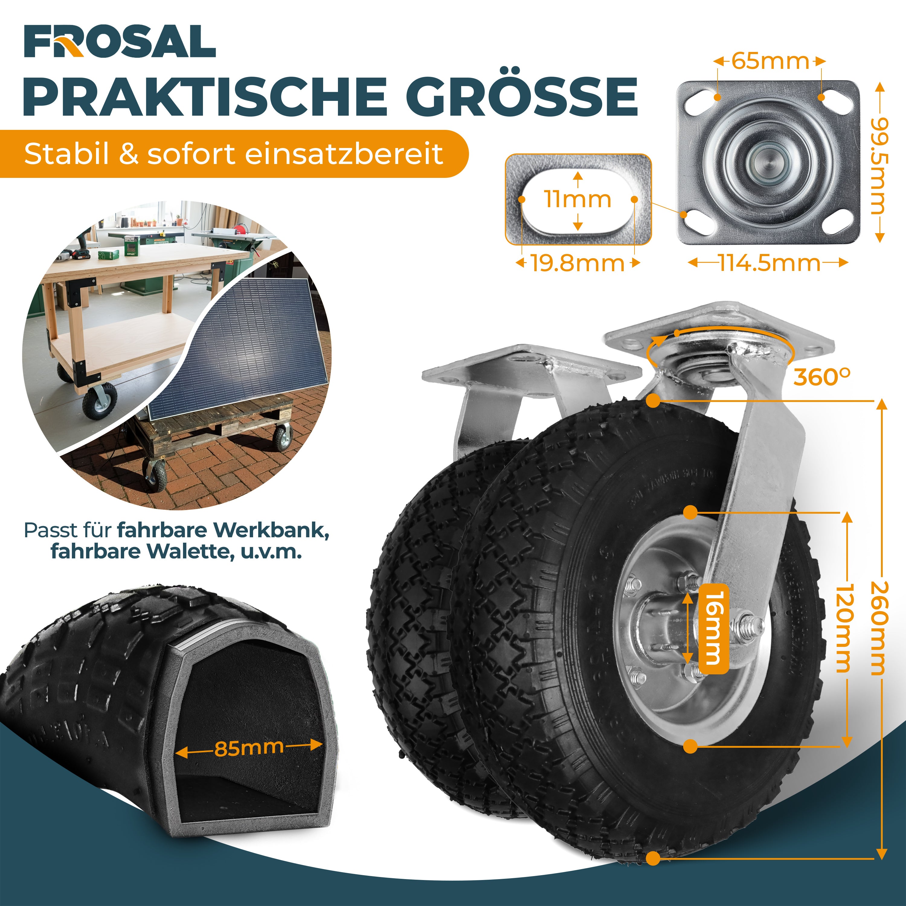 2 x FROSAL Bockrolle + 2 x Lenkrolle Set Ø 260 x 85 mm | 3.00-4 Rad als 4-tlg. Set | Luftrad
