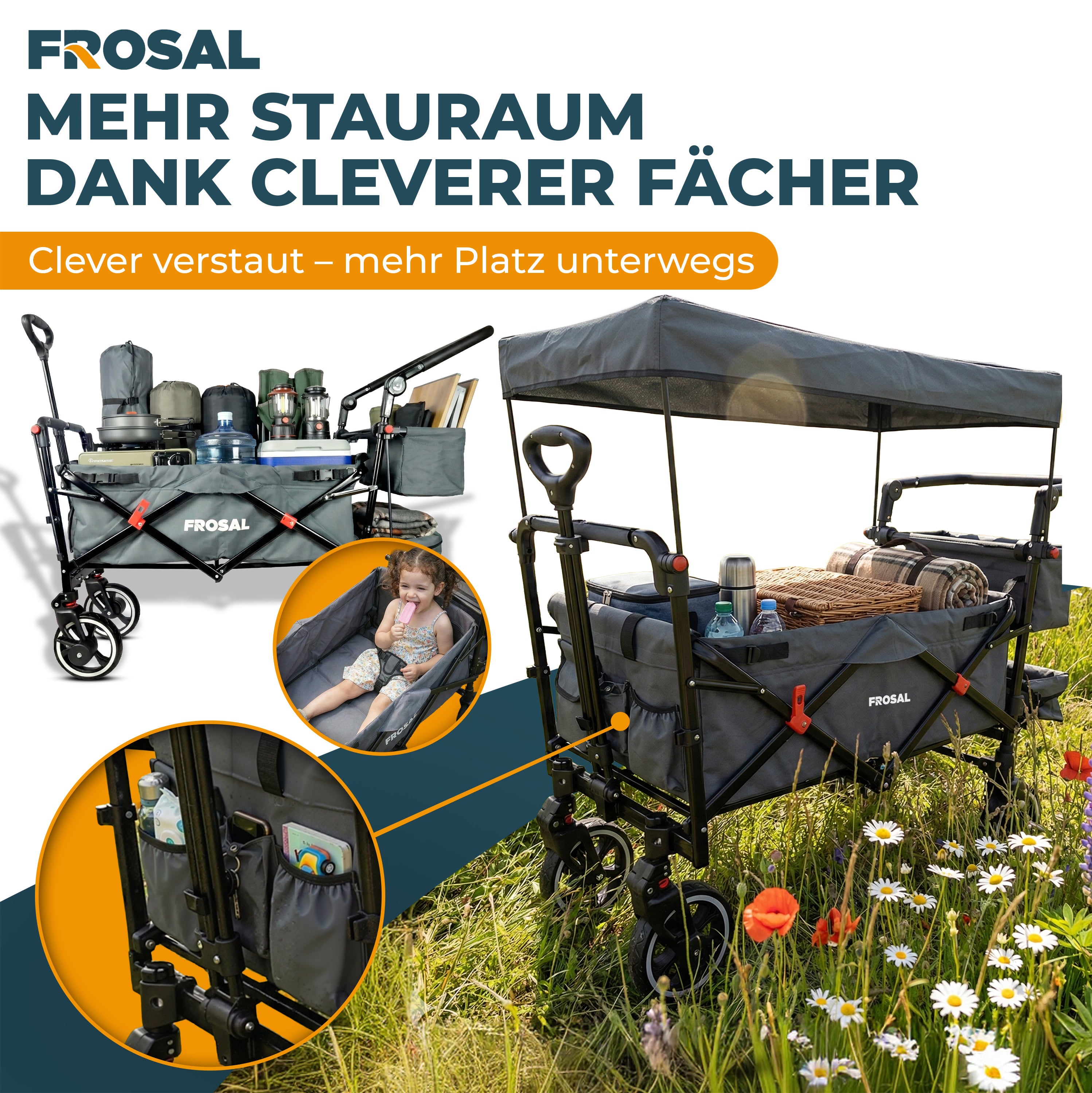 FROSAL Bollerwagen Paul faltbar grau Premium Handwagen für Kinder