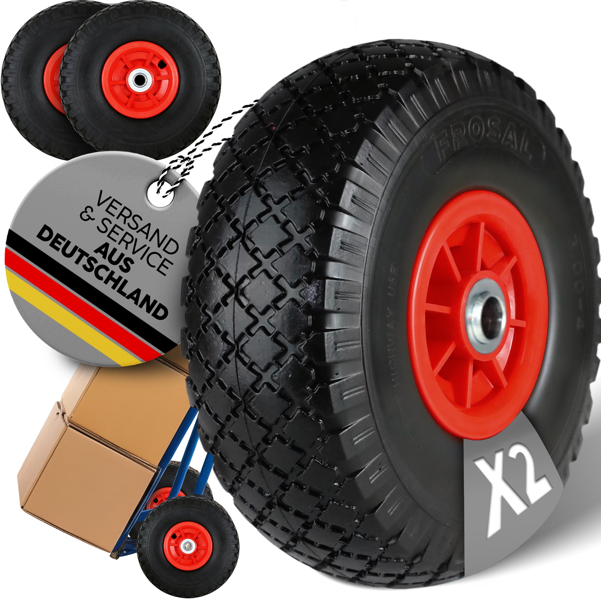 FROSAL Ersatzrad - PU Rad Nabe 16mm/50mm für Bollerwagen oder Sackkarre pannensicher Felge rot 2 Stück