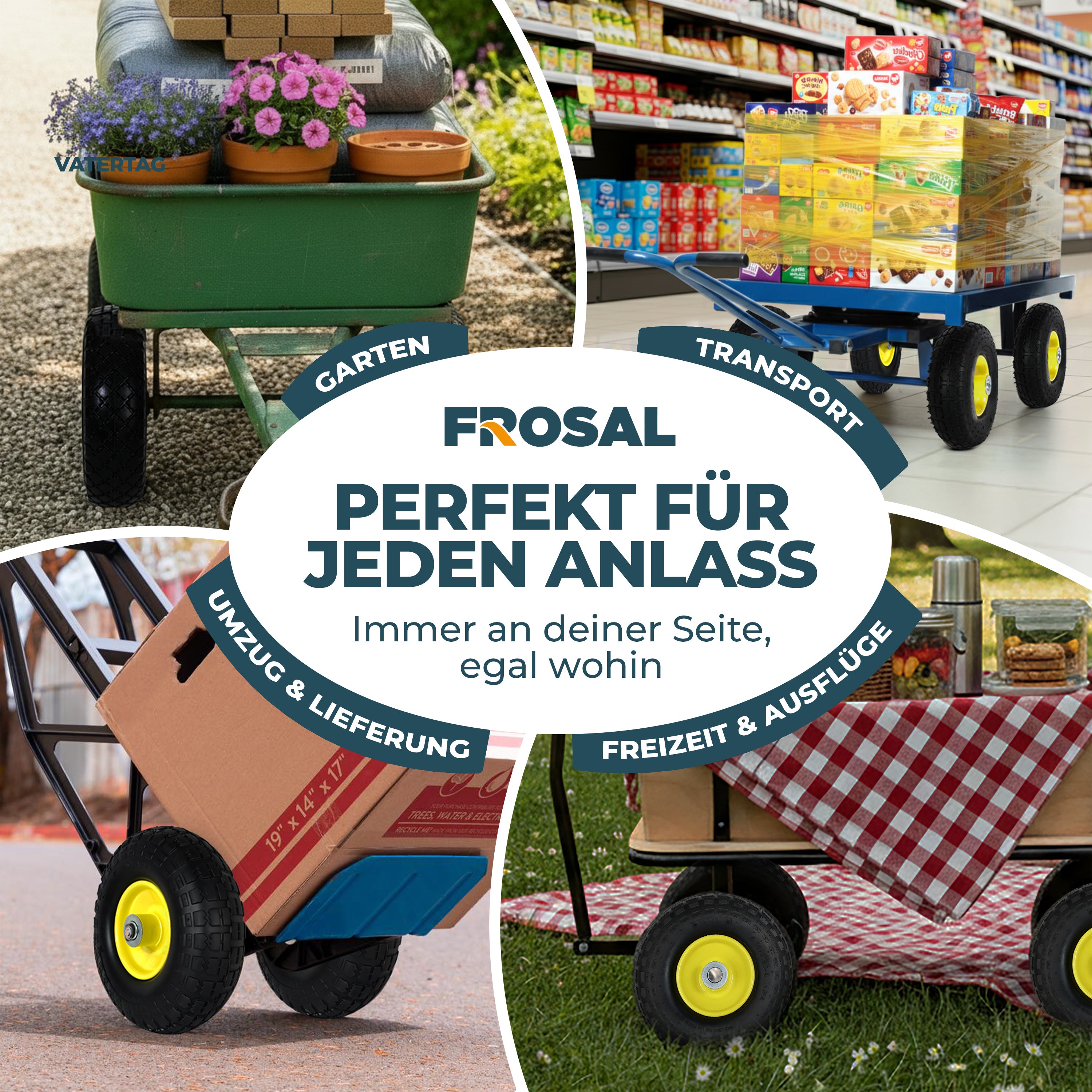 FROSAL Ersatzrad - PU Rad Nabe 16mm/50mm für Bollerwagen oder Sackkarre pannensicher Felge gelb