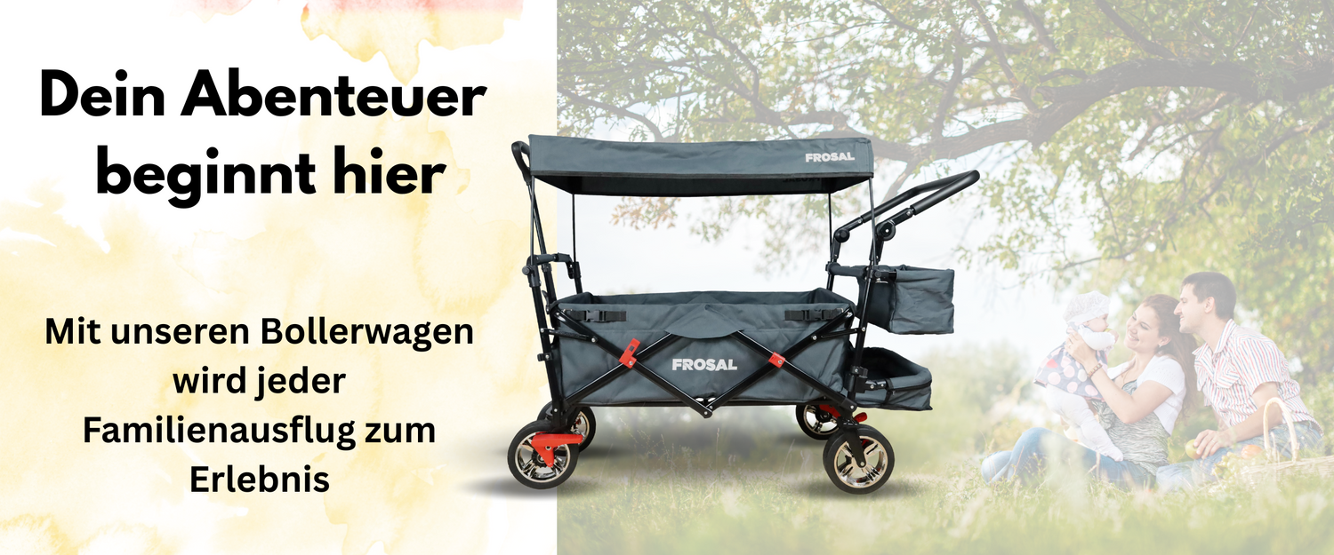 Banner frosol.shopin Abenteuer beginnt hier - Mit unseren Bollerwagen wird jeder Familienurlaub zum Erlebnis